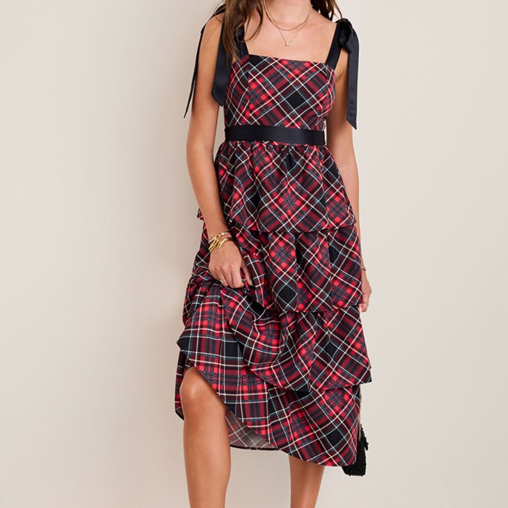 Francesca's Charlotte Plaid Tiered Midi Dress